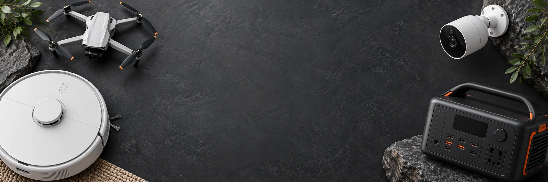 Editorial illustration of consumer devices arranged around a dark tabletop